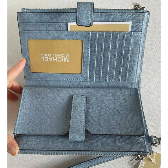 New Michael Kors Jet Set Travel Double zip wristlet wallet Leather Powder Blue - Picture 7 of 7